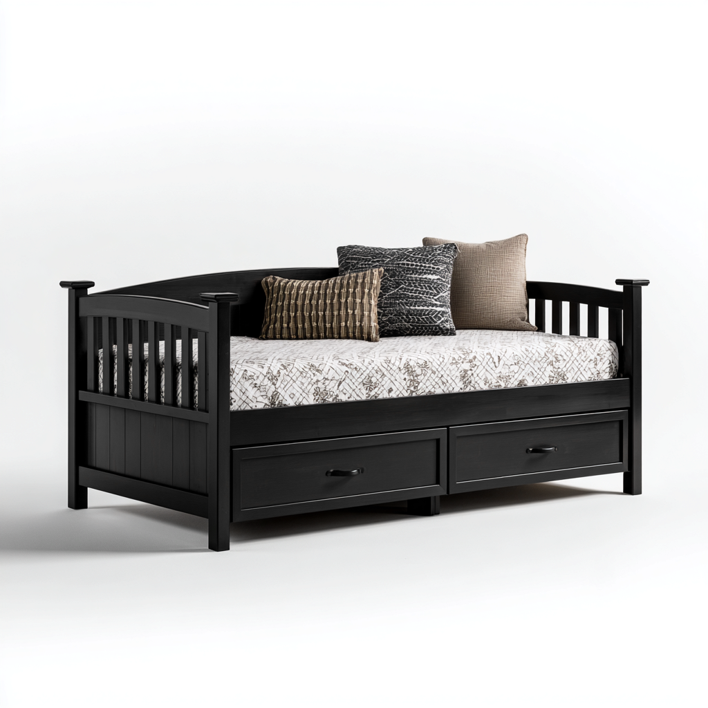 Sofá cama de madera maciza 200x100x90 cm - negro - diseño moderno con cajones para dormitorio-Livingza