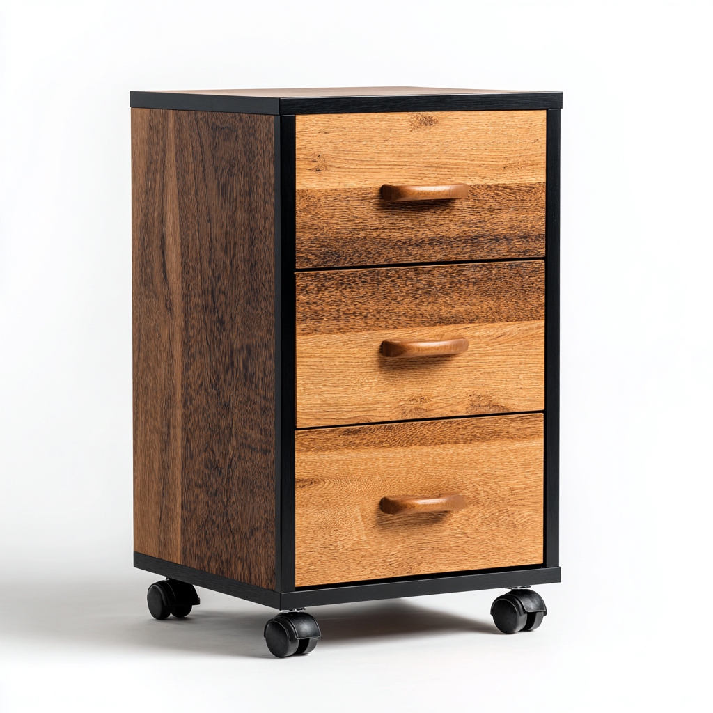 Archivador de madera 45x40x65 cm - color roble - marrón - con ruedas y diseño industrial para oficina-Livingza